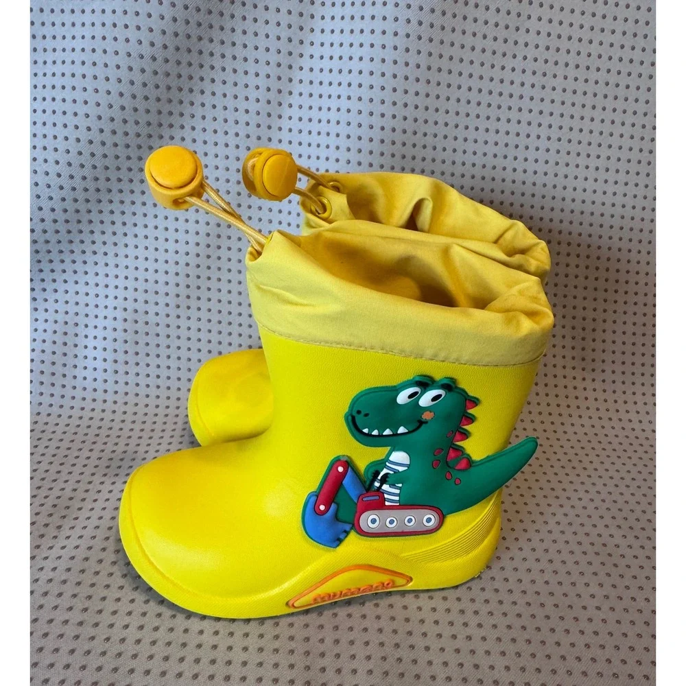 Mumeng Kids Yellow Dinosaur Excavator Rain Boots Waterproof Drawstring US 6